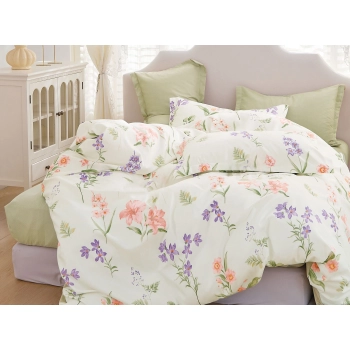 Pościel flanelowa 160x200 z Prześcieradłem kremowa w kwiaty FL586